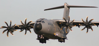 A view of the A400M showing the counter-rotating propellers. Note the opposite curve of the propeller blades.